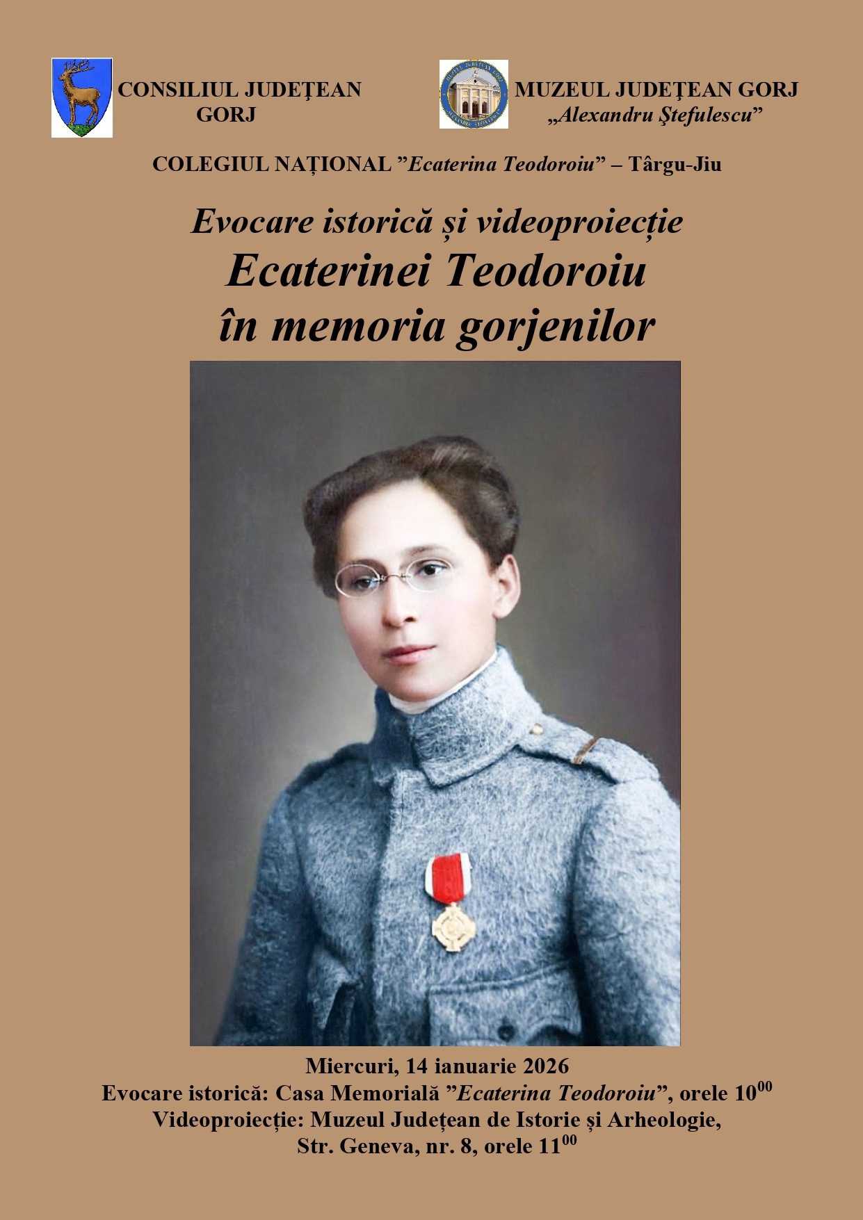 Evocare istorică și videoproiecție Ecaterina Teodoroiu în memoria gorjenilor